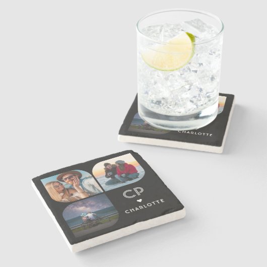 お名前3枚の写真 モダン シンプル おしゃれな名前のモノグラム ストーンコースター (横)