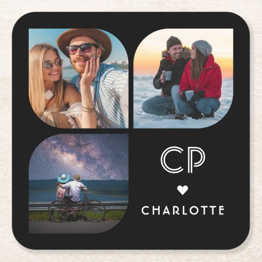 お名前3枚の写真 現代的 おしゃれ シンプル モノグラム スクエアペーパーコースター (正面)