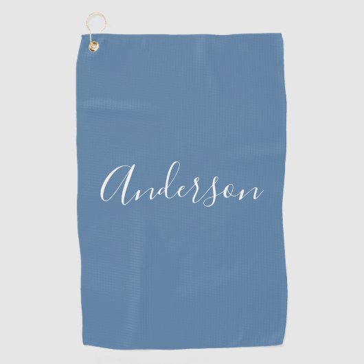 お名前 |グレーエレガントブルーの白いスクリプト ゴルフタオル (正面)