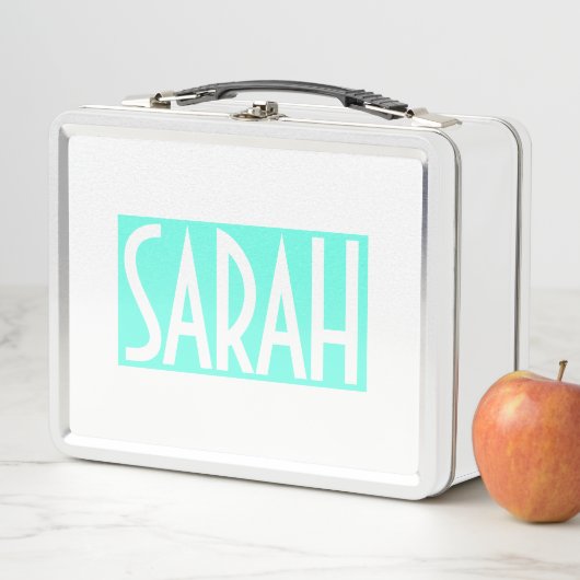 お名前 |ブライトはっきりしたアクアのホワイト文字 メタルランチボックス (インサイチュ)
