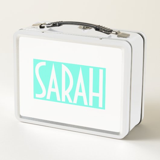 お名前 |ブライトはっきりしたアクアのホワイト文字 メタルランチボックス (裏面)
