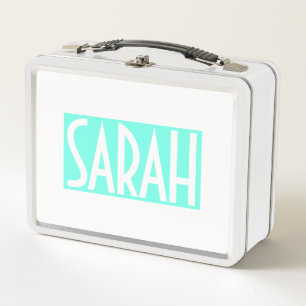 お名前  ブライトはっきりしたアクアのホワイト文字 メタルランチボックス