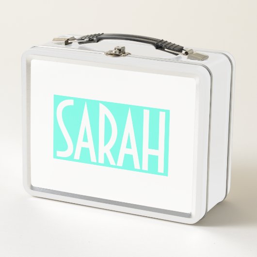 お名前 |ブライトはっきりしたアクアのホワイト文字 メタルランチボックス