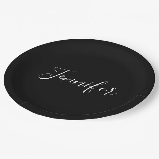 お名前 |黒エレガントの白いスクリプト ペーパープレート (アングル)