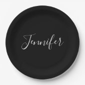 お名前 |黒エレガントの白いスクリプト ペーパープレート (正面)