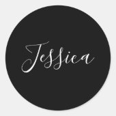 お名前 |黒エレガントの白いスクリプト ラウンドシール (正面)