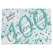 お名前 – 100年100年Centerarianティール（緑がかった色）/ホワイト ラージペーパーバッグ (正面)