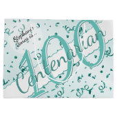 お名前 – 100年100年Centerarianティール（緑がかった色）/ホワイト ラージペーパーバッグ (裏面)