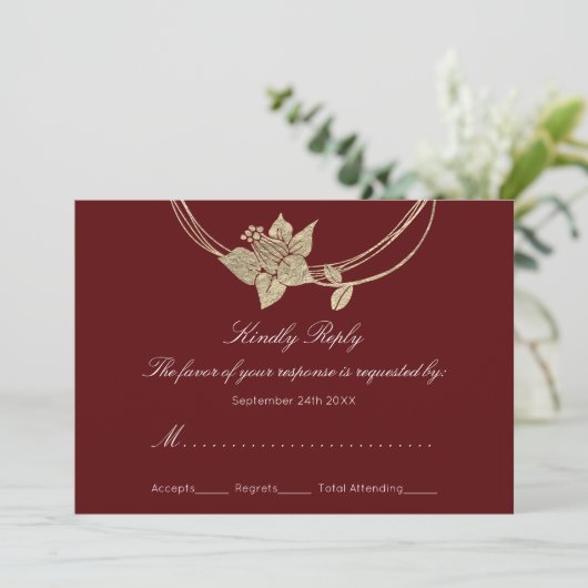 お呼ばれ返信カード バーガンディ ワインレッド ゴールド フラワー リース 結婚式 招待状 (スタンド正面)