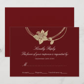 お呼ばれ返信カード バーガンディ ワインレッド ゴールド フラワー リース 結婚式 招待状 (正面/裏面)