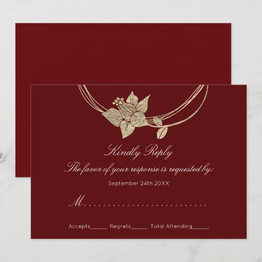 お呼ばれ返信カード バーガンディ ワインレッド ゴールド フラワー リース 結婚式 招待状 (正面/裏面)