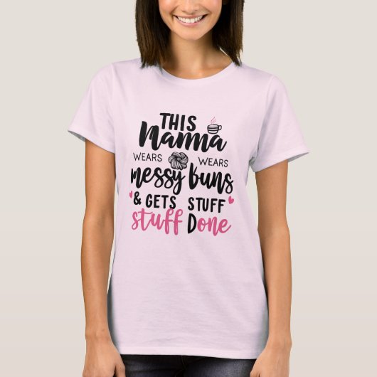 お団子ヘアのママTシャツ, ママの楽しい生活 Tシャツ (正面)