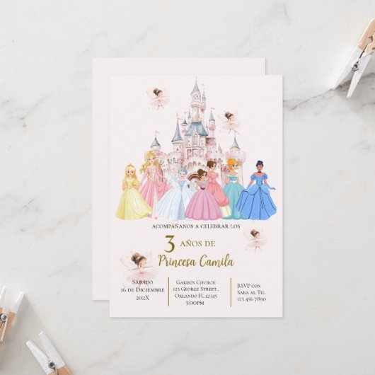 お城でのプリンセスの3歳の誕生日パーティーの招待状 招待状 (正面/裏面インサイチュ)