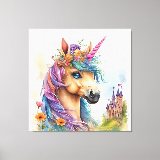 お城と花の夢のようなユニコーンの水色 キャンバスプリント (正面)