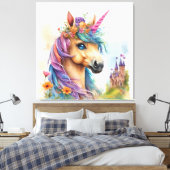 お城と花の夢のようなユニコーンの水色 キャンバスプリント (インサイチュ (寝室))