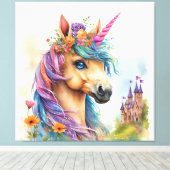 お城と花の夢のようなユニコーンの水色 キャンバスプリント (インサイチュ (ウッドフロア))