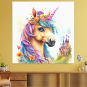 お城と花の夢のようなユニコーンの水色 キャンバスプリント (インサイチュ (リビング))