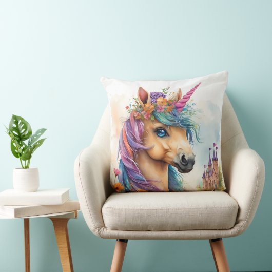 お城と花の夢のようなユニコーンの水色 クッション (椅子)