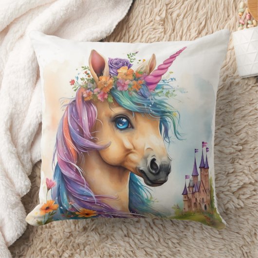 お城と花の夢のようなユニコーンの水色 クッション (ブランケット)