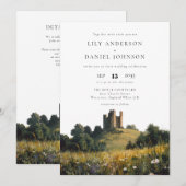 お城のワイルドフラワーの花のQRコードの結婚式 招待状 (正面/裏面)