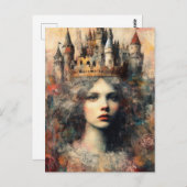 お城を頭に抱えたおとぎ話の女性 ポストカード (正面/裏面)