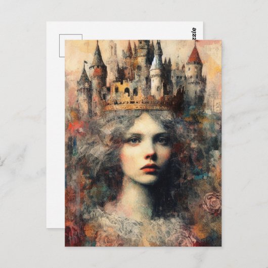 お城を頭に抱えたおとぎ話の女性 ポストカード (正面/裏面)