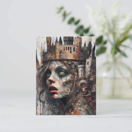 お城を頭に抱えたおとぎ話の女王 ポストカード (スタンド正面)