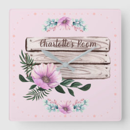 お好きなようにカスタマイズ！女の子向け花柄サイン 偽木 スクエア壁時計
