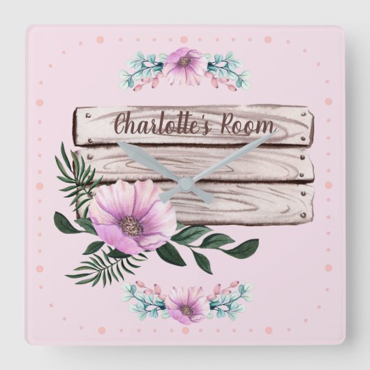 お好きなようにカスタマイズ！女の子向け花柄サイン 偽木 スクエア壁時計 (正面)