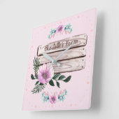 お好きなようにカスタマイズ！女の子向け花柄サイン 偽木 スクエア壁時計 (傾斜)