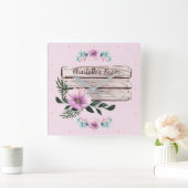 お好きなようにカスタマイズ！女の子向け花柄サイン 偽木 スクエア壁時計 (ホーム)