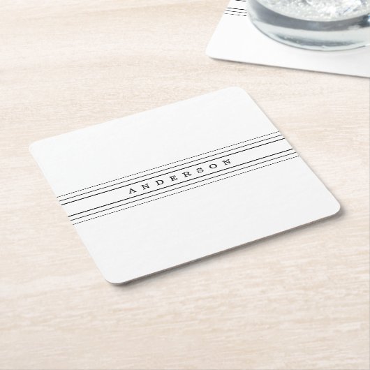 お好きなテキストとモダンなストライプ | 黒と白 スクエアペーパーコースター (アングル)