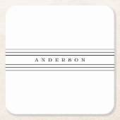 お好きなテキストとモダンなストライプ | 黒と白 スクエアペーパーコースター (正面)