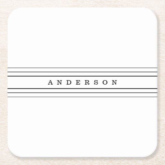 お好きなテキストとモダンなストライプ | 黒と白 スクエアペーパーコースター (正面)