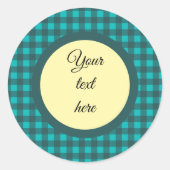 お好きなテキストをターコイズチェックの格子模様にカスタマイズ ラウンドシール (正面)