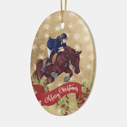 お好きな女の子と馬がクリスマスにジャンプ セラミックオーナメント (左)