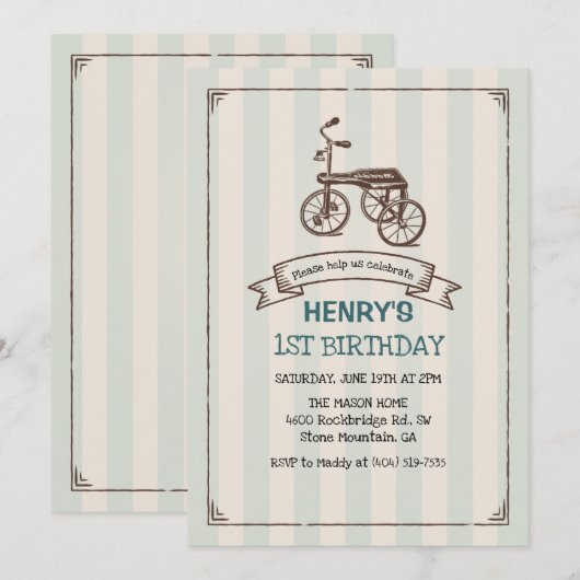 お好きな年齢用 - ビンテージ三輪車 男の子 誕生日 インビテーション (正面/裏面)