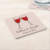 お好みのカラーワイングラス&ハート結婚ズ スクエアペーパーコースター (アングル)
