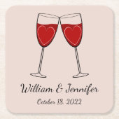 お好みのカラーワイングラス&ハート結婚ズ スクエアペーパーコースター (正面)