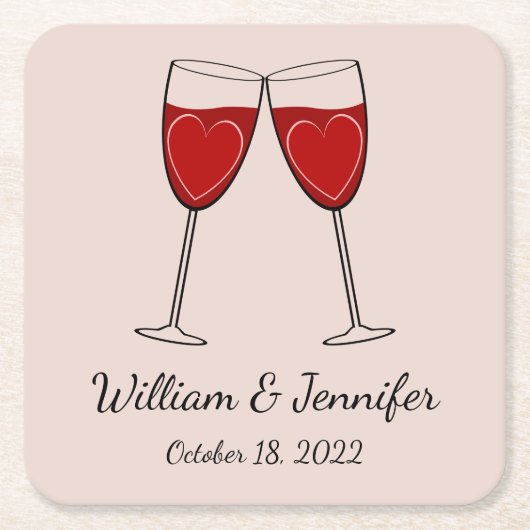 お好みのカラーワイングラス&ハート結婚ズ スクエアペーパーコースター (正面)