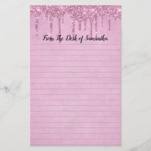 お好みの名入れが楽しめるドリッピンググリッター ピンク ライン入りのステーショナリー 便箋 (正面)