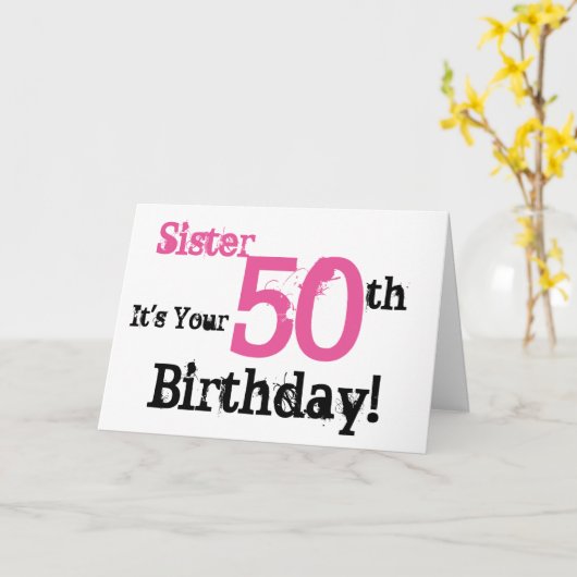 お姉さんの50歳の誕生日の挨拶は黒、ピンク。 カード (黄色い花)