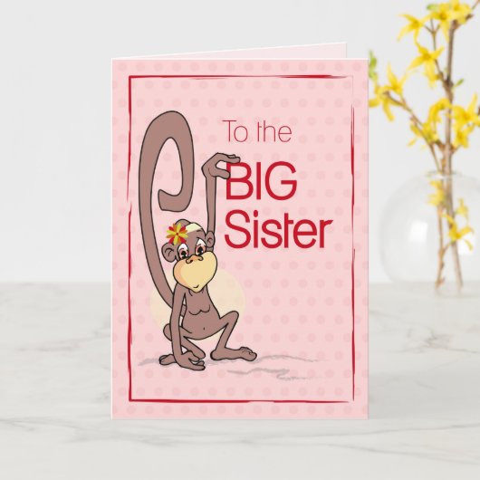 お姉さん、ピンク色のサルさんおめでとう カード (黄色い花)