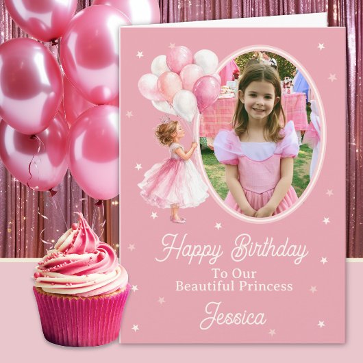 お姫様と風船の誕生日カード 1枚の写真入り カード