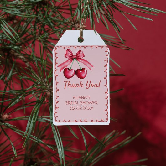 お姫様のようなキュートなリボンチェリーがトップのブライダルシャワー ギフトタグ