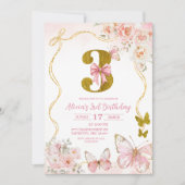 お姫様のようなピンクの蝶　3歳の誕生日 招待状 (正面)