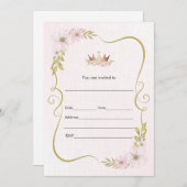 お姫様の水彩花柄の招待状を記入してください 招待状 (正面/裏面)