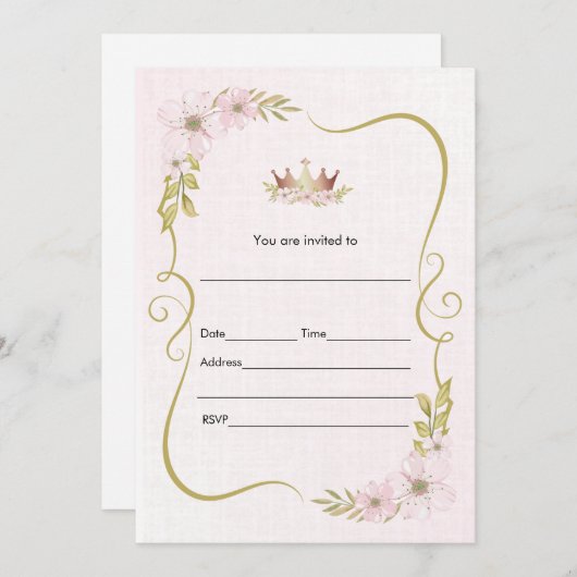 お姫様の水彩花柄の招待状を記入してください 招待状 (正面/裏面)