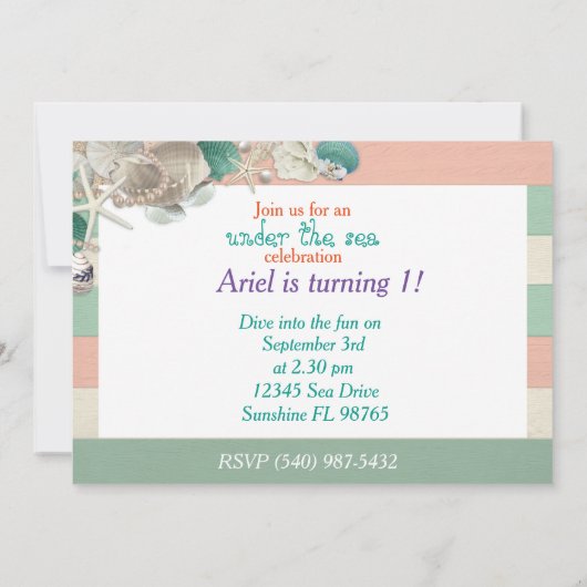 お姫様の誕生日にかわいい海王室のの貝の子 招待状 (裏面)