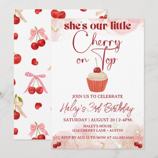お姫様の誕生日ピンクリボン招待状 チェリーオントップ 招待状 (正面/裏面)